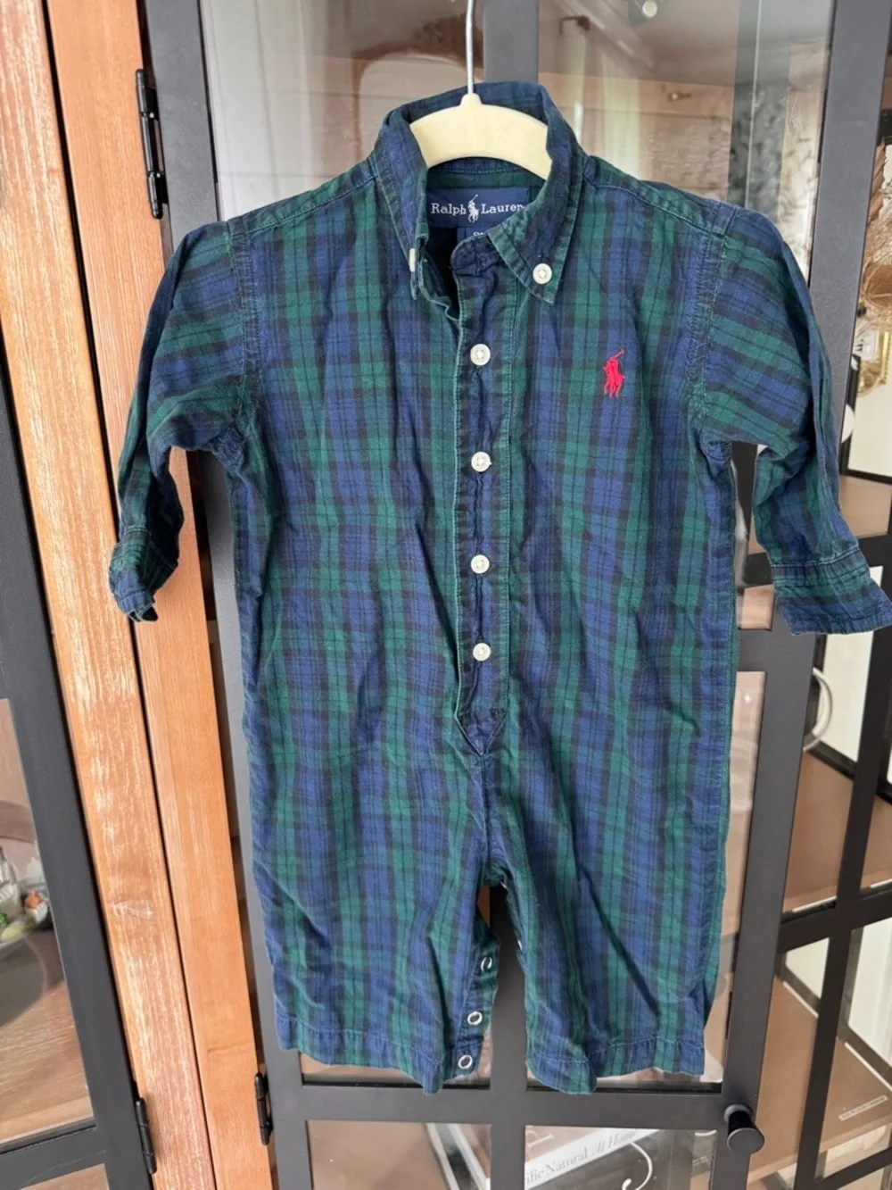 Ralph Lauren plaid coverall baby boy logo green navy long sleeve polo logo